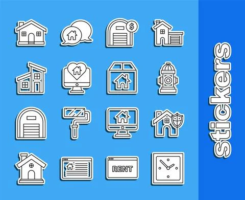 Set line Clock, House with shield, Fire hydrant, Warehouse dollar symbol Stock Illustration