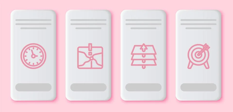 Set line Clock, Intersection point, Layers and Target. White rectangle button Stock Illustration