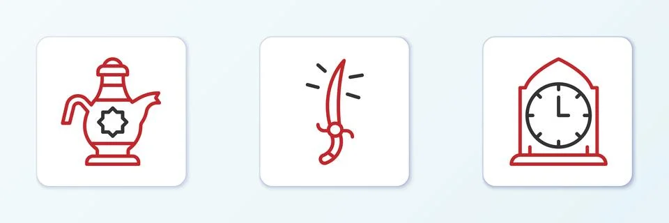 Set line Clock, Islamic teapot and Arabian saber icon. Vector Stock Illustration