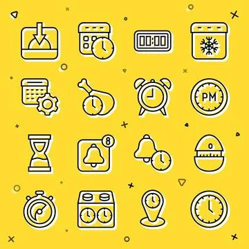 Set line Clock, Kitchen timer, Day, Digital alarm clock, Food, Calendar set.. Stock Illustration