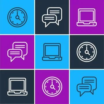 Set line Clock, Laptop and Speech bubble chat icon. Vector Illustrazione stock