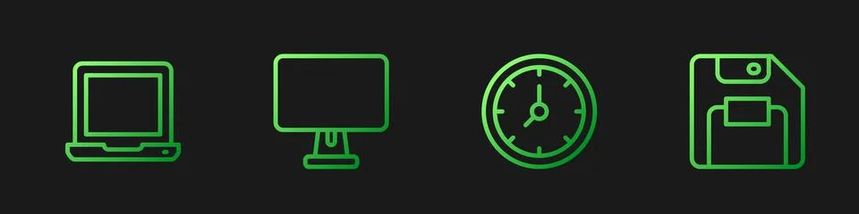 Set line Clock, Laptop, Computer monitor and Floppy disk. Gradient color ic.. Stock Illustration