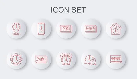 Set line Clock on laptop, Time Management, PM, speech bubble, Location with.. Stock Illustration
