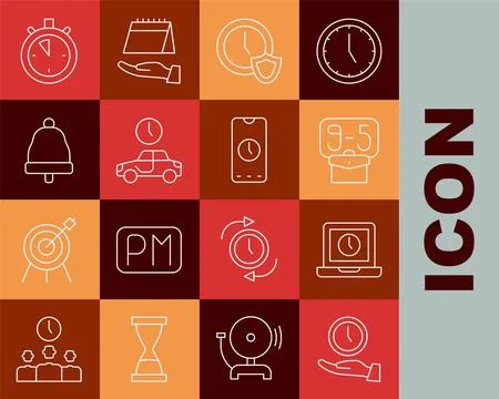 Set line Clock, Laptop time, From 9, with shield, Time travel, Ringing bell.. 스톡 일러스트