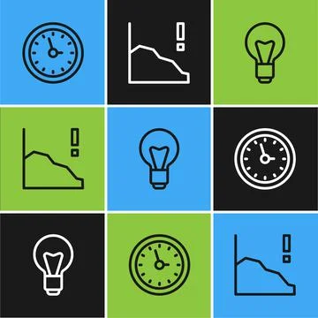 Set line Clock, Light bulb and Financial growth decrease icon. Vector Illustrazione stock