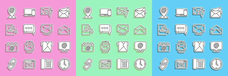 Set line Clock, Mail and e-mail, Envelope, Speech bubble chat, Document cursor Stock Illustration
