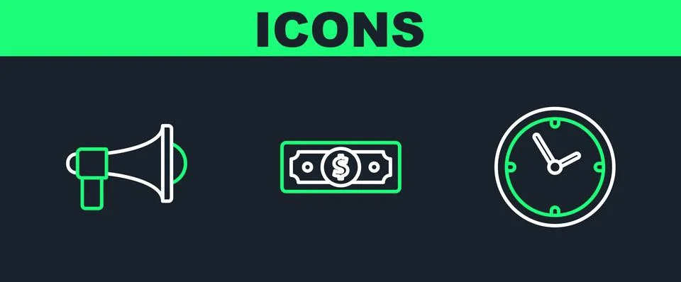 Set line Clock, Megaphone and Stacks paper money cash icon. Vector Illustrazione stock