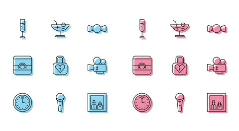 Set line Clock, Microphone, Glass of champagne, Family photo, Lock and heart Stock Illustration