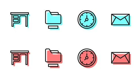 Set line Clock, Office desk, Document folder and Mail and e-mail icon. Vector Stock Illustration