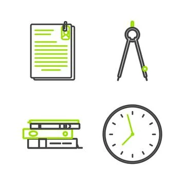 Set line Clock, Office folders with papers and documents, Drawing compass a.. Stock Illustration