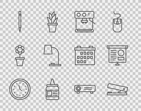 Set line Clock, Office stapler, Coffee machine, Glue, Pencil with eraser, Table Stock Illustration