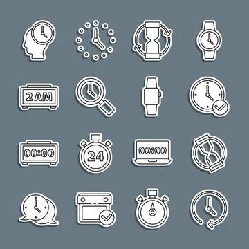 Set line Clock, Old hourglass, Magnifying with clock, Digital alarm, Time Stock Illustration
