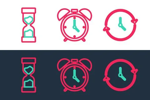 Set line Clock, Old hourglass and Alarm clock icon. Vector Stock Illustration
