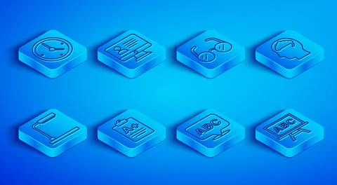 Set line Clock, Online class, Glasses, Exam sheet with A plus grade, Alphabet Stock Illustration