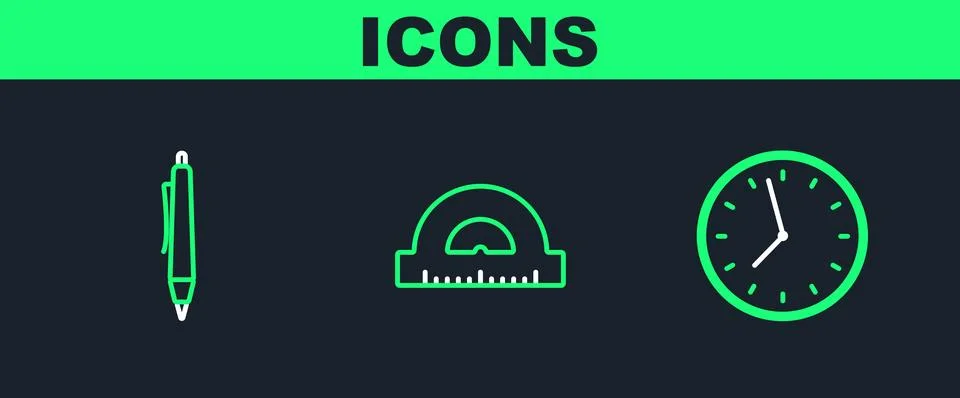 Set line Clock, Pen and Protractor grid for measuring degrees icon. Vector Ilustración de archivo