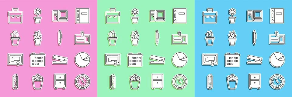 Set line Clock, Pie chart infographic, Identification badge, Computer monit.. Stock Illustration