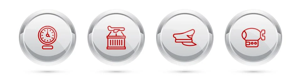 Set line Clock, Plane, Pilot hat and Airship. Silver circle button. Vector Illustrazione stock