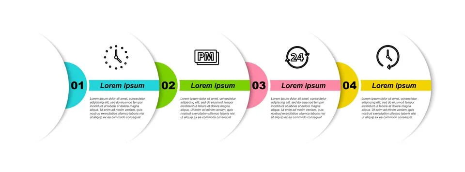 Set line Clock, PM, 24 hours and . Business infographic template. Vector Illustrazione stock