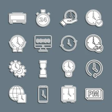 Set line Clock PM, 24 hours, on monitor, Digital alarm clock and icon. Vector Stock Illustration