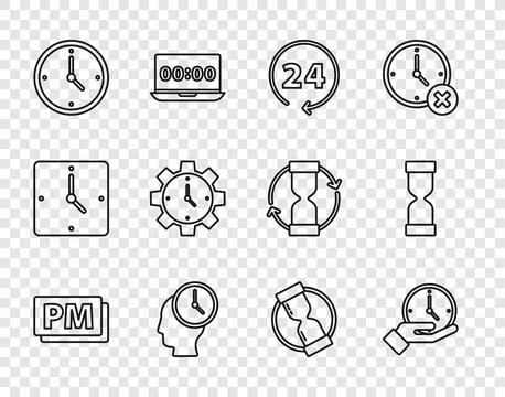 Set line Clock PM, 24 hours, Time Management, Old hourglass and  icon. Vector Illustrazione stock