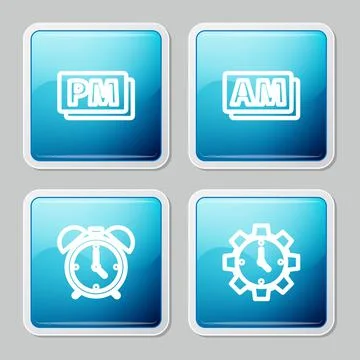 Set line Clock PM, AM, Alarm clock and Time Management icon. Vector Illustrazione stock