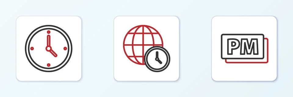 Set line Clock PM,  and World time icon. Vector Stock Illustration