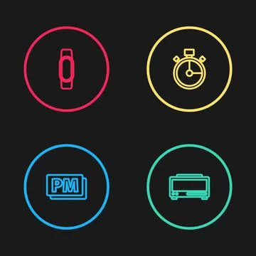 Set line Clock PM, Digital alarm clock, Stopwatch and Smartwatch icon. Vector Illustrazione stock