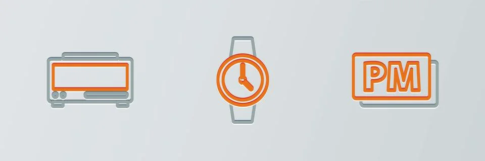 Set line Clock PM, Digital alarm clock and Wrist watch icon. Vector Illustrazione stock