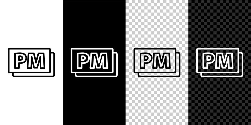 Set line Clock PM icon isolated on black and white background. Time symbol Illustrazione stock