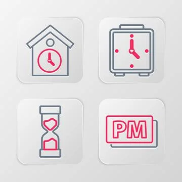 Set line Clock PM, Old hourglass, Alarm clock and Retro wall watch icon. Vect Stock Illustration