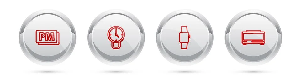 Set line Clock PM, , Smartwatch and Digital alarm clock. Silver circle button Stock Illustration