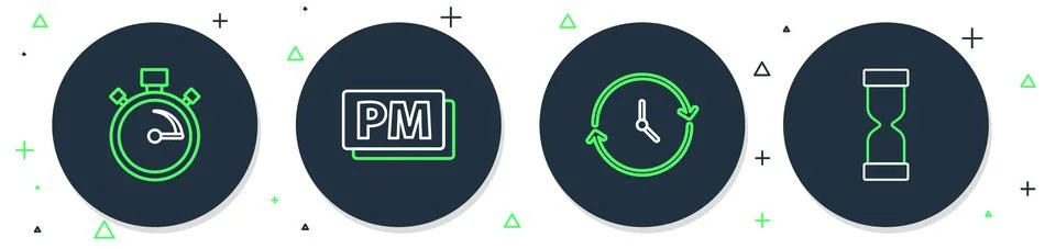 Set line Clock PM, Stopwatch and Old hourglass icon. Vector Stock Illustration