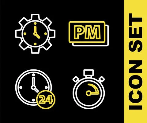 Set line Clock PM, Stopwatch, 24 hours and Time Management icon. Vector Stock Illustration