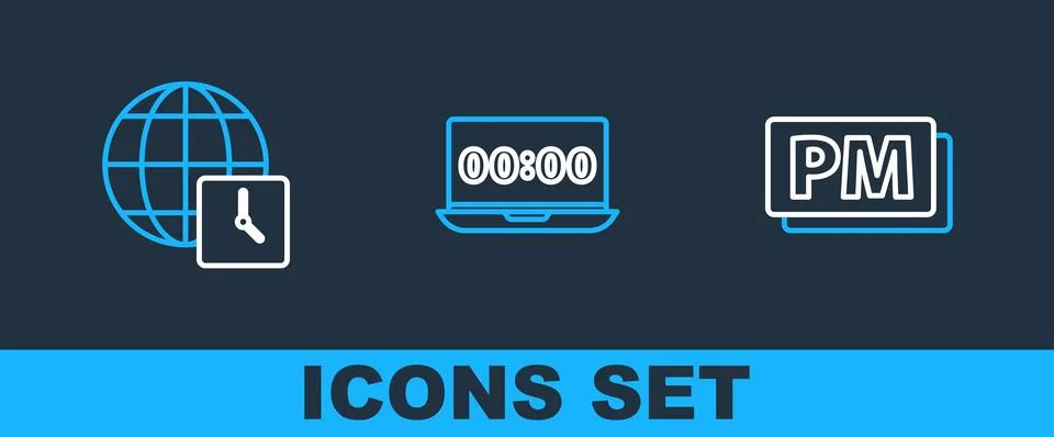 Set line Clock PM, World time and on laptop icon. Vector Illustrazione stock