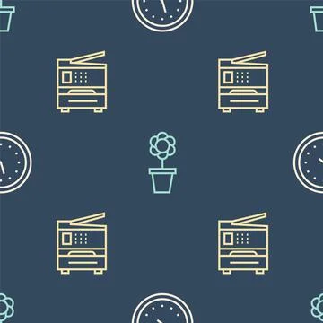 Set line Clock, Printer and Flower pot on seamless pattern. Vector Illustrazione stock