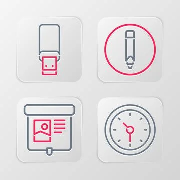 Set line Clock, Projection screen, Pencil and USB flash drive icon. Vector イラスト素材
