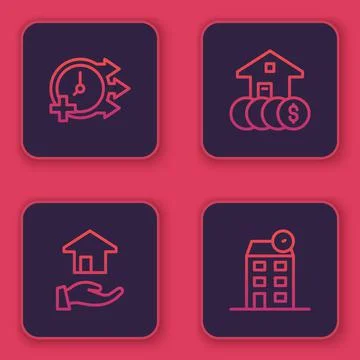 Set line Clock, Realtor, House with dollar and . Blue square button. Vector Stock Illustration