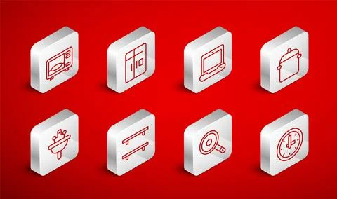 Set line Clock, Refrigerator, Laptop, Cooking pot, Frying pan, Microwave ov.. Stock Illustration