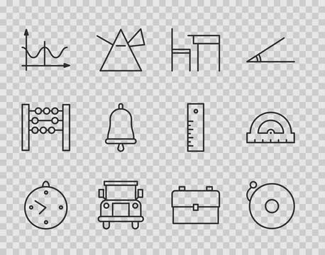 Set line Clock Ringing alarm bell School table and chair Bus Graph schedule c Stock-Illustration