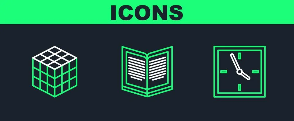 Set line Clock, Rubik cube and Open book icon. Vector Stock Illustration