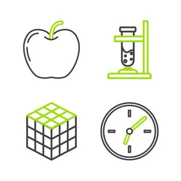 Set line Clock, Rubik cube, Glass test tube flask on fire and Apple icon. Vector Illustrazione stock