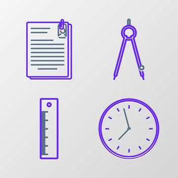 Set line Clock, Ruler, Drawing compass and File document and paper clip icon 스톡 일러스트