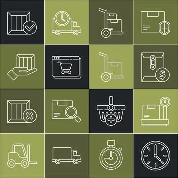 Set line Clock, Scale with cardboard box, Envelope dollar symbol, Hand truck and Stock Illustration