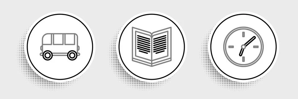 Set line Clock, School Bus and Open book icon. Vector Stock Illustration