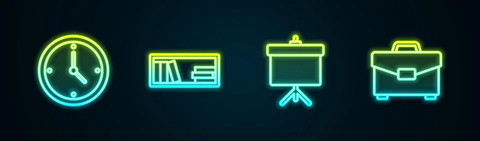 Set line Clock, Shelf with books, Chalkboard diagram and Briefcase. Glowing neon Stock Illustration