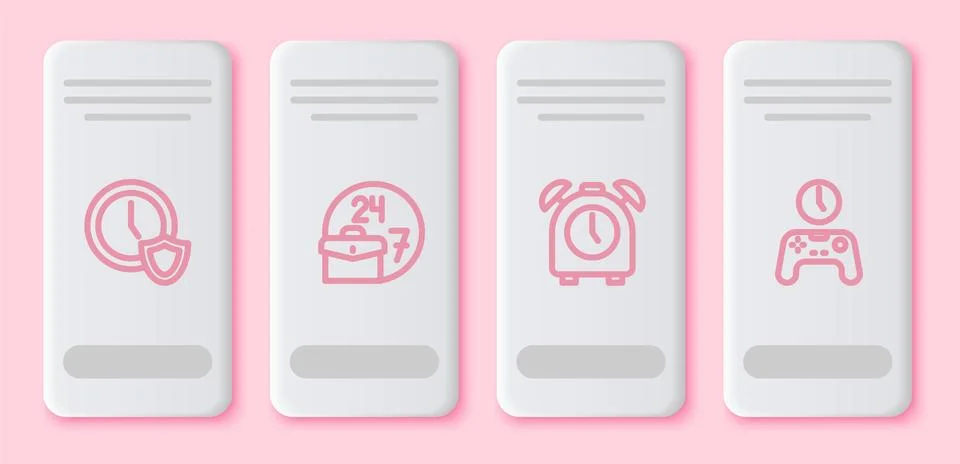 Set line Clock with shield, Always busy, Alarm clock and Gamepad of time. White Illustrazione stock