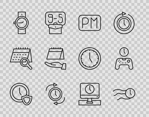 Set line Clock with shield, Time flies on the clock, Day time, arrow, Wrist イラスト素材