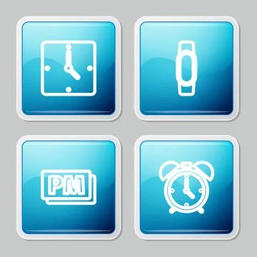 Set line Clock, Smartwatch, PM and Alarm clock icon. Vector Stock Illustration