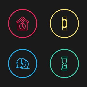 Set line Clock speech bubble, Old hourglass, Smartwatch and Retro wall icon Stock Illustration