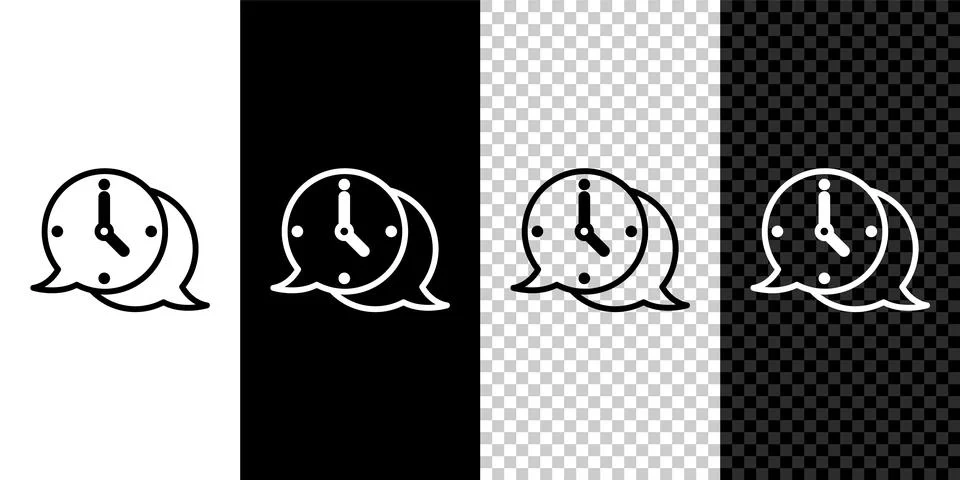 Set line Clock with speech bubble icon isolated on black and white background Stock Illustration
